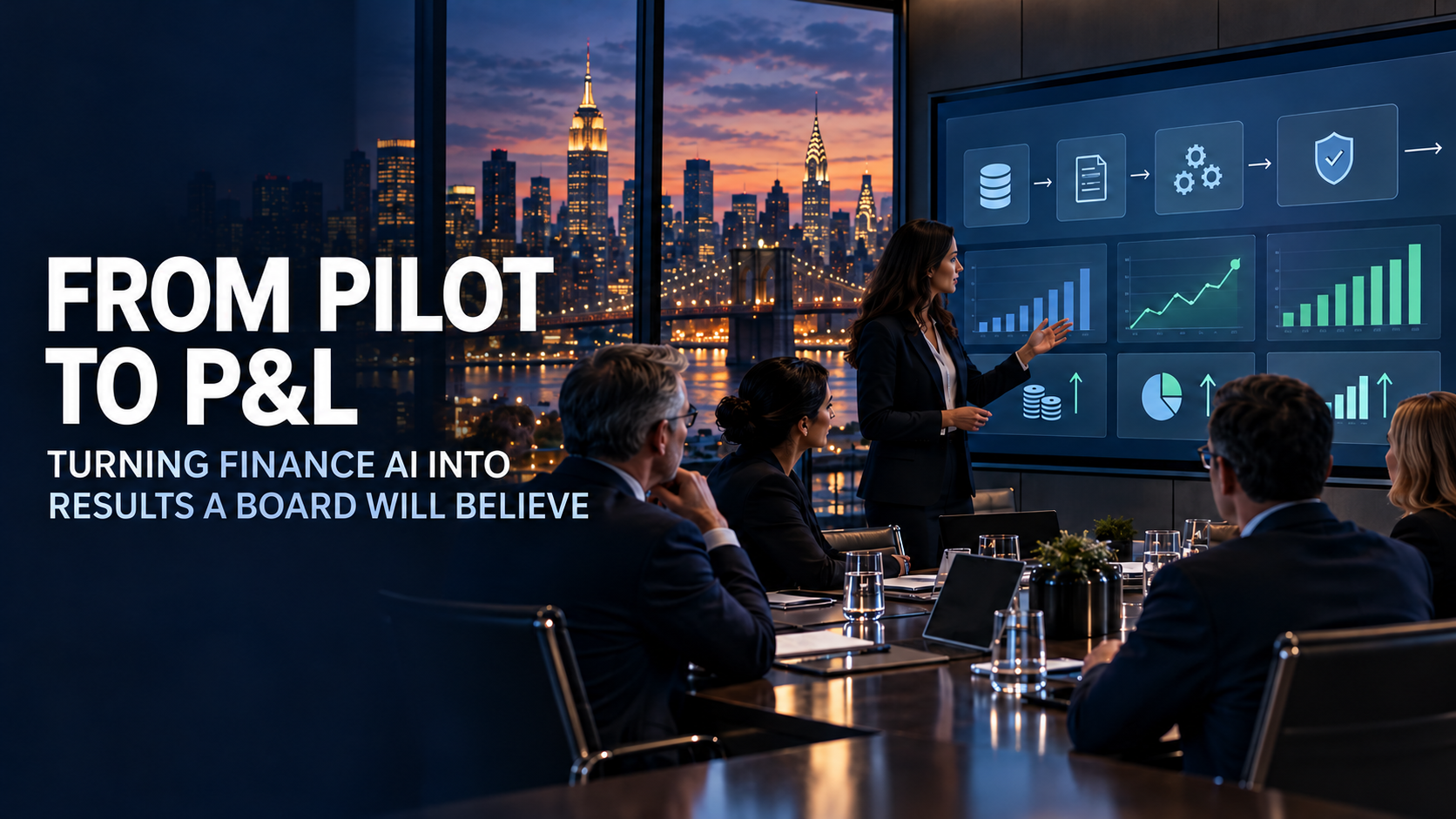 AI finance boardroom overlooking Manhattan at dusk