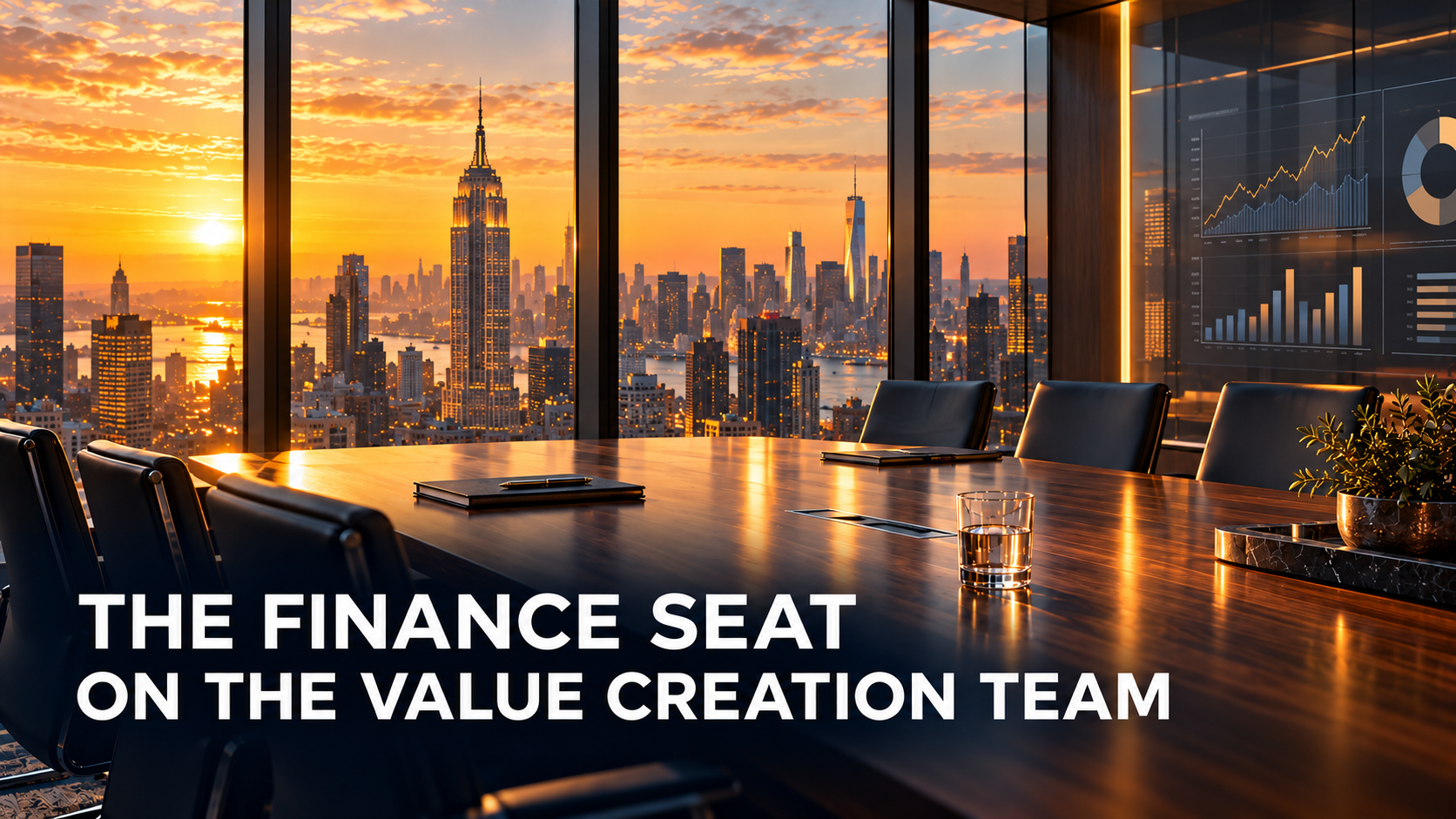Golden-hour finance boardroom over New York